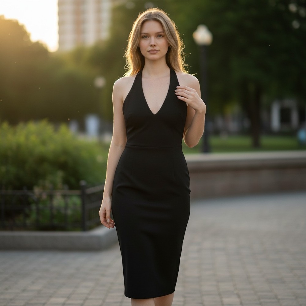 Lauren Ralph Lauren Black Halter V-Neck Sheath Midi Cocktail Dress Size 6